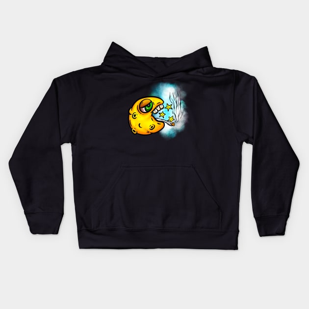 Toker Stoned Celestial Moon Lowbrow Cartoon Sticker Kids Hoodie by Squeeb Creative